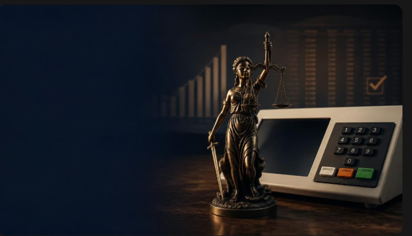 Estátua da Justiça com balança e espada ao lado de calculadora e gráfico de barras — assessoria em prestação de contas eleitoral